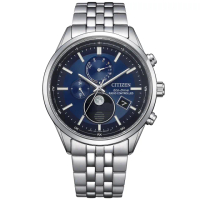 【CITIZEN 星辰】光動能紳士風電波月相世界時區男錶 藍 43mm(BY1030-50L)