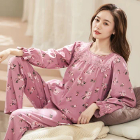 Full Pure Cotton Sleep Lounge Pajama Long Sleeve Tops + Long Pants Woman Pajama Set Floral Pyjamas M-XXXL Sleepwear For Women