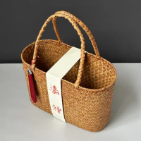 Picnic Basket Bible Cover Capa P Biblia Bamboo Printed FabricHandbag Literary Retro Ladies Basket Bag