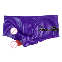 Men Purple Sexy Latex Pants Anatomical Anal Condom and Penis Condom Rubber Shorts Tight Two condoms Underwear Panties Plus Size