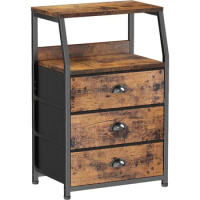 Nightstand with 3 Drawers and 2-Tier Shelf, Fabric Small Dresser Organizer Vertical Storage Tower for Bedroom, Closet,