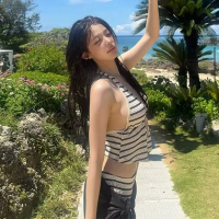 swimsuit, bikini Women's 2-piece set, striped, high-waisted, Korean style, swimwear