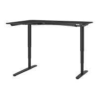 BEKANT 左側轉角電動升降桌, 工作桌, 黑色/實木貼皮 梣木/黑色