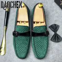 Italian Men's Loafers Shoes Black Green Monk Strap Slip On Men Dress Shoes Office Wedding Party Leather men casual shoes