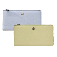 【TORY BURCH】TORY BURCH 經典LOGO牛皮荔枝紋薄對開拉鍊袋長夾 寶寶藍 鵝黃色(贈原廠紙袋母親節送禮)