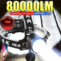 80000LM Powerful Headlamp USB Rechargeable Headlight Flashlight Large aperture XHP360 LED Head lamp Camping Fishing Head Lantern