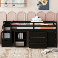 Twin Size Low Loft Bed with Stairs and Rolling Desk Wood Kids Twin Loft Bed with Storage Drawers and Shelves Low Twin Bed