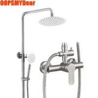Hot Cold Shower System Bathroom SUS304 Stainless Steel Brush Nickel Shower Set SPA Rainfall Round Tube Bath Faucet Modern Grifo
