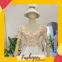Fashoper Crop Top Atasan Lengan Panjang/Pendek Wanita Bangkok Floral Serut Samping Blouse Lengan Bal
