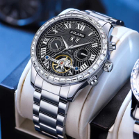 AILANG Brand Luxury Tourbillon Watch for Men Stainless Steel Waterproof Luminous Week Calendar Fashion Mechanical Watches Mens
