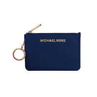 MICHAEL KORS 防刮皮革字牌卡夾鑰匙零錢包(午夜藍金字) (展示品)