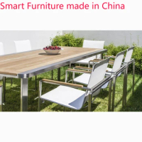 Luxury hotel Stainless steel frame teak top Outdoor Table And Chair patio Dining table Set home backyard wood garden dining set