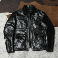 Replica VANSON Retro Leather Jacket Men's Lapel Short Motorcycle Leather Batik Vegetable Tanned Horse Skin Autumn