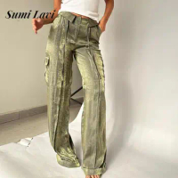 2024 Women Glossy Silk Cargo Pants Chic Design Multi-pocket Wide-leg Pants Y2K All-match Solid Color Disco Trousers Streetwear