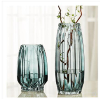 簡約豎棱玻璃花瓶創意彩色透明百合花器客廳大號水養插花花瓶擺件