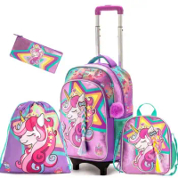 Rolling Backpack for Girls School Trolley Bags Primary School Bookbags with Wheels Kids Carry-On Wheeled Backpack with Lunch Bag