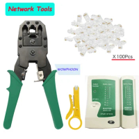 Network Tool Kit with Crystal Heads, Crimping Pliers and Stripper, Lan Cable, Telephone Tester, 100PCs Customized