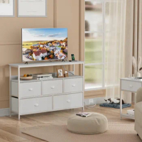 White TV Stand for Bedroom with Outlet for 55" TV, Long 45" Console Sofa Table with 5 Drawers, Entryway Table with TV Cabinet