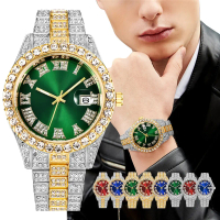 Hiphop Watches for Men New Fashion Luxury Stainless Steel Band Roman Numerals Diamond Dial Calendar