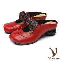 【Vecchio】真皮拖鞋 包頭拖鞋 一字拖鞋/真皮舒適寬楦縷空沖孔立體花朵一字帶造型包頭拖鞋(紅)