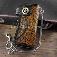 Mens Tan Carved Long Leather Wallet With Biker Trucker Chain