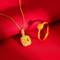 Pure Gold Color Exquisite Yellow Zircon Necklace for Women Fine Jewelry Real 999 Chain Wedding Luxury Jewelry Gifts No Fade