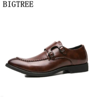 Double Monk Strap Shoes Men Classic Luxury Mens Formal Shoes Plus Size 46 Brown Dress Coiffeur Italian Men Dress Shoes Leather