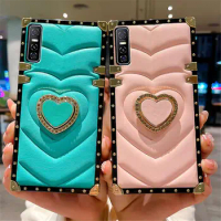 3D Heart Ring Holder Square PU Leather Case For VIVO S17 X80 X90 Pro Y78 S16E Y02S Y77 Y73S Y50 Y35 Y22 Y17 Y16 Y15S V25 V23E