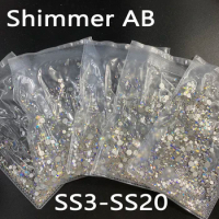 Crystal Shimmer AB Color Flatback Glass Nails Rhinestones SS3-SS20 Nail Art Decoration Stones Shiny Gems Manicure Accessories