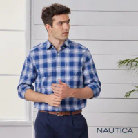 【NAUTICA】男裝造型格紋長袖襯衫(藍)