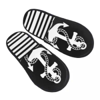 Black White Nautical Stripes And Anchor House Slippers Women Cozy Memory Foam Sailing Sailor Slip On Hotel Slipper Shoes