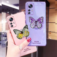 12T Luxury Glitter Butterfly Holder Case For Xiaomi 12T Pro Lite 11T Mi10T PRO 5G Mi 9 11 Lite Plating Stand Shockproof Cover