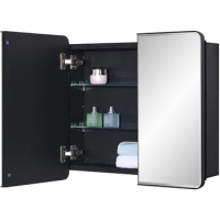 Black Bathroom Medicine Cabinet with Round Corner Framed Door and Beveled Edge Mirror 22 x 20 inch, Recessed or Surface Mount