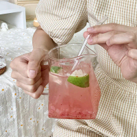 Square Glass Fruit Tea Cup with Handle Juice Straw Cup Ins Style Household Milk Beverage Drinking Cu