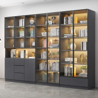 輕奢實木書柜書架一體組合現代簡約帶玻璃門展示柜落地書架子書櫥