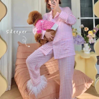 2024 Long Sleeved Ostrich Feather Pajamas for Women Casual Sleepwear Luxury Two Piece Pajama Set Pajama Party Wear Pink Plaid