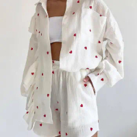 Sweet Linen Cotton Love Heart Pattern Pajama Sets Ruffle Sleeved Shorts Sleepwear Two Picec Set for Women's Loungewear Outfits
