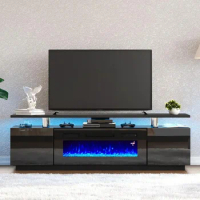 LED TV Stand with 36" Fireplace, 70" High Gloss Fireplace Entertainment Center, 2 Tier TVS Console, TV Stand