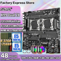 X99 Dual Z8 Motherboard Socket LGA 2011-3 Set with 2*Xeon E5 2699 V4 CPU+256GB RAM+2*CPU Cooler+RX 580 GPU+NVME 1TBGB X99 Kit