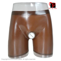 Hot Bermuda Brown open Sexy Latex long leg Boxer shorts Panties penis Rubber pants ring Hotpant Hole bottom shaft KZ-023 XXL