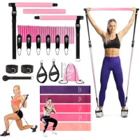 Portable Pilates Bar Kit with Resistance Bands Set 180LBS Bodybuilding Elastic Bands Fitness Stick Sports Pull Rope Workout Bar