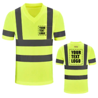 AYKRM Hi Vis T-Shirt Reflective Safety V Neck Quick Dry Fit Workwear Vest Fluorescent Yellow Work Tops Construction Engineer