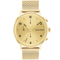 【Calvin Klein 凱文克萊】CK 時尚米蘭帶三眼日曆手錶-44mm/金(CK25200109)