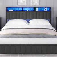 King Size Bed Frame with LED Lights Headboard, Upholstered Platform Noise-Free