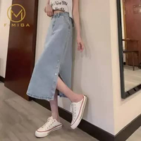 F·MIGA C121 Korean Style Rok Denim Jeans Midi A-Line 3/4 Kasual Wanita HighWaist - Biru L Biru119