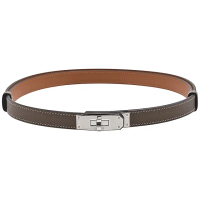 【Hermes 愛馬仕】Kelly銀色轉釦造型Epsom牛皮窄版女仕腰帶(大象灰色H069853CK-GRAY)