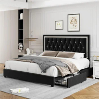 Bed Frame with 4 Storage Drawers and Adjustable Headboard, Wooden Slatted Support, Modern Upholstered Table Bed