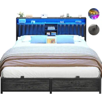King Size Bed Frame with Charging Post, with Leather Upholstered Headboard and Storage, Noise-Free, King Size Bed Frames