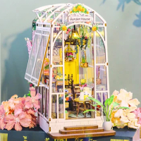 DIY Wooden Doll House Flower Room Bookshelf Set Miniature Puzzle Building Kits Book Nook Shelf Insert With LED Lights Gifts