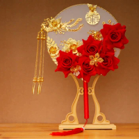Chinese Vintage Round Fans Phoenix Shaped Alloy Fan Gold Flower Hand Holding Fan with Tassel Wedding Bride Fan Display Stand